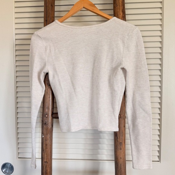 Aerie Cream waffle Long Sleeve Surplice Wrap Cropped Top Size S - Picture 2 of 4